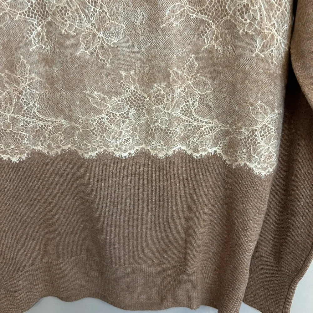 NWOT J. CREW Needle Punch Lace Wool Blend Crewneck Sweater brown cream size XXS